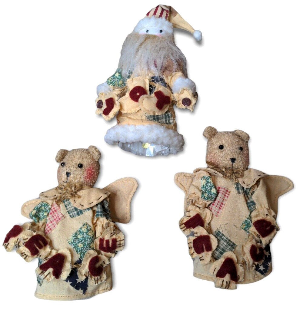 Lot of 3 Fabric Christmas Tree Toppers 7.5" Tall Santa Angel Bears